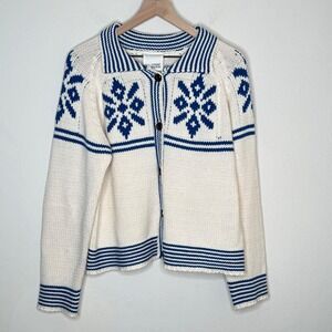 Sunday Edition Women Large White Blue Fair Isle Cardigan Sweater Snowflake Knit